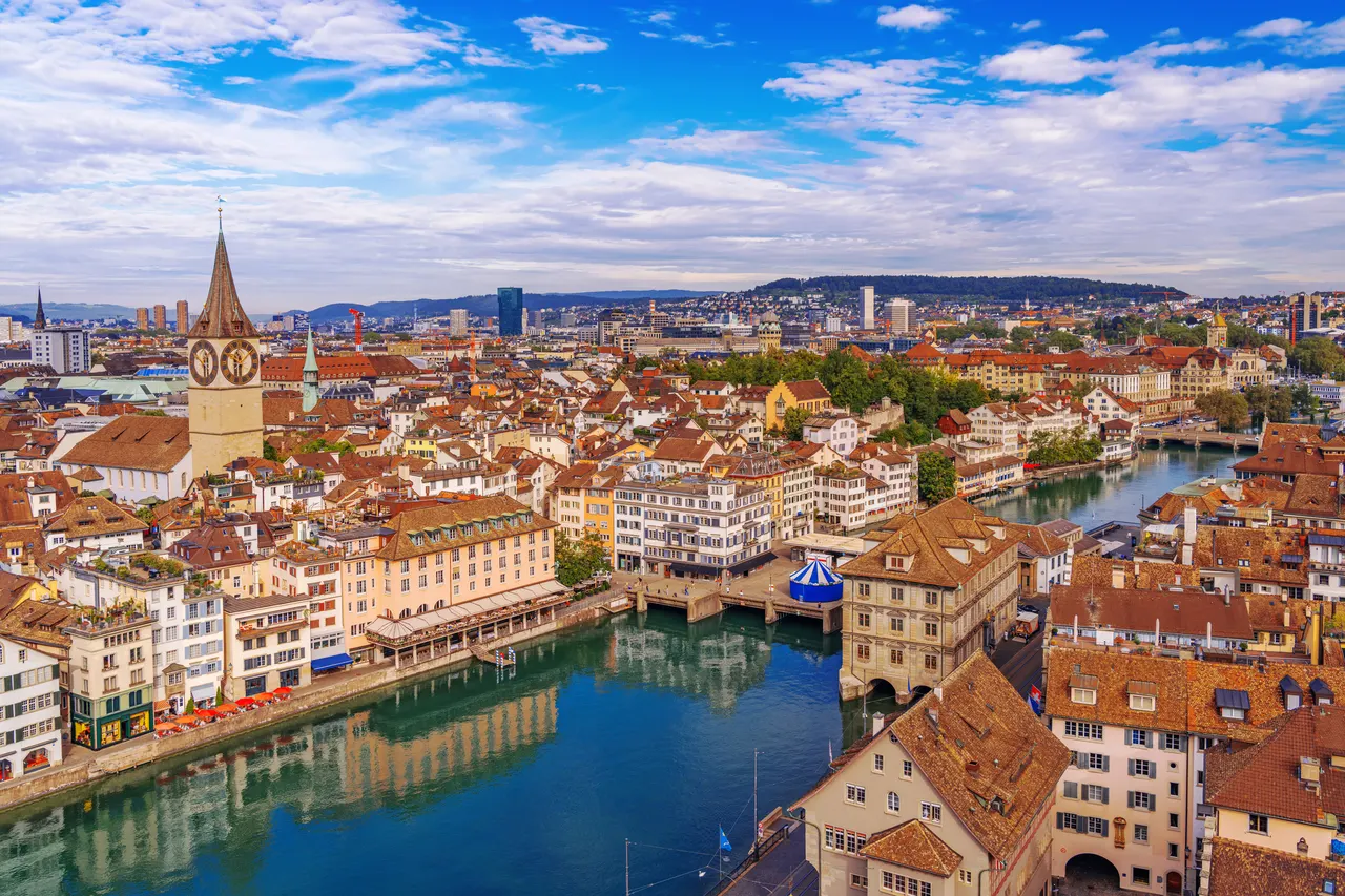 Limmat river in Zurich at golden hour