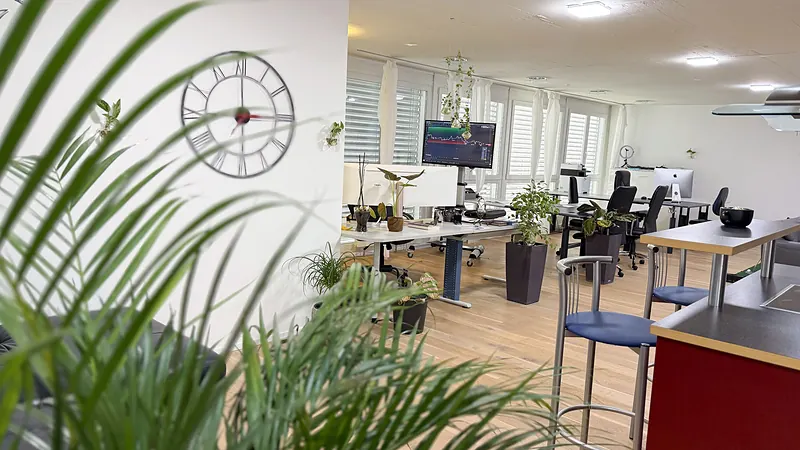 Height-adjustable workstations with monitors in the Webzenz Switzerland office