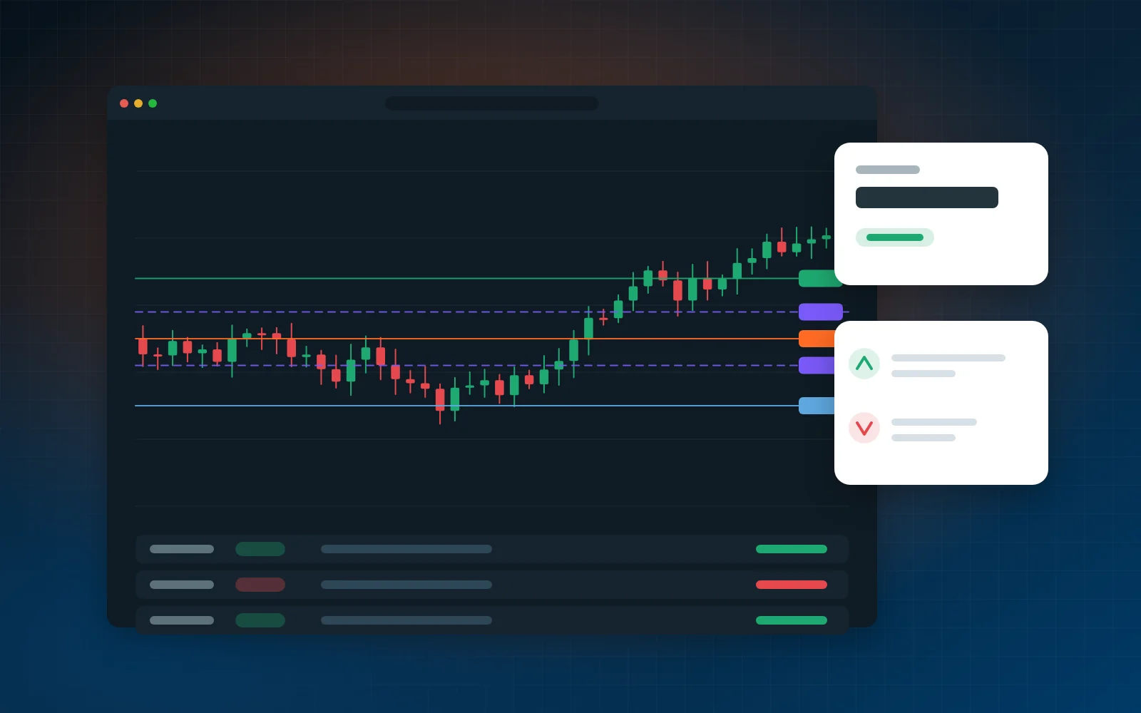 Killer Hedge trading dashboard with price chart, hedge lines and open positions