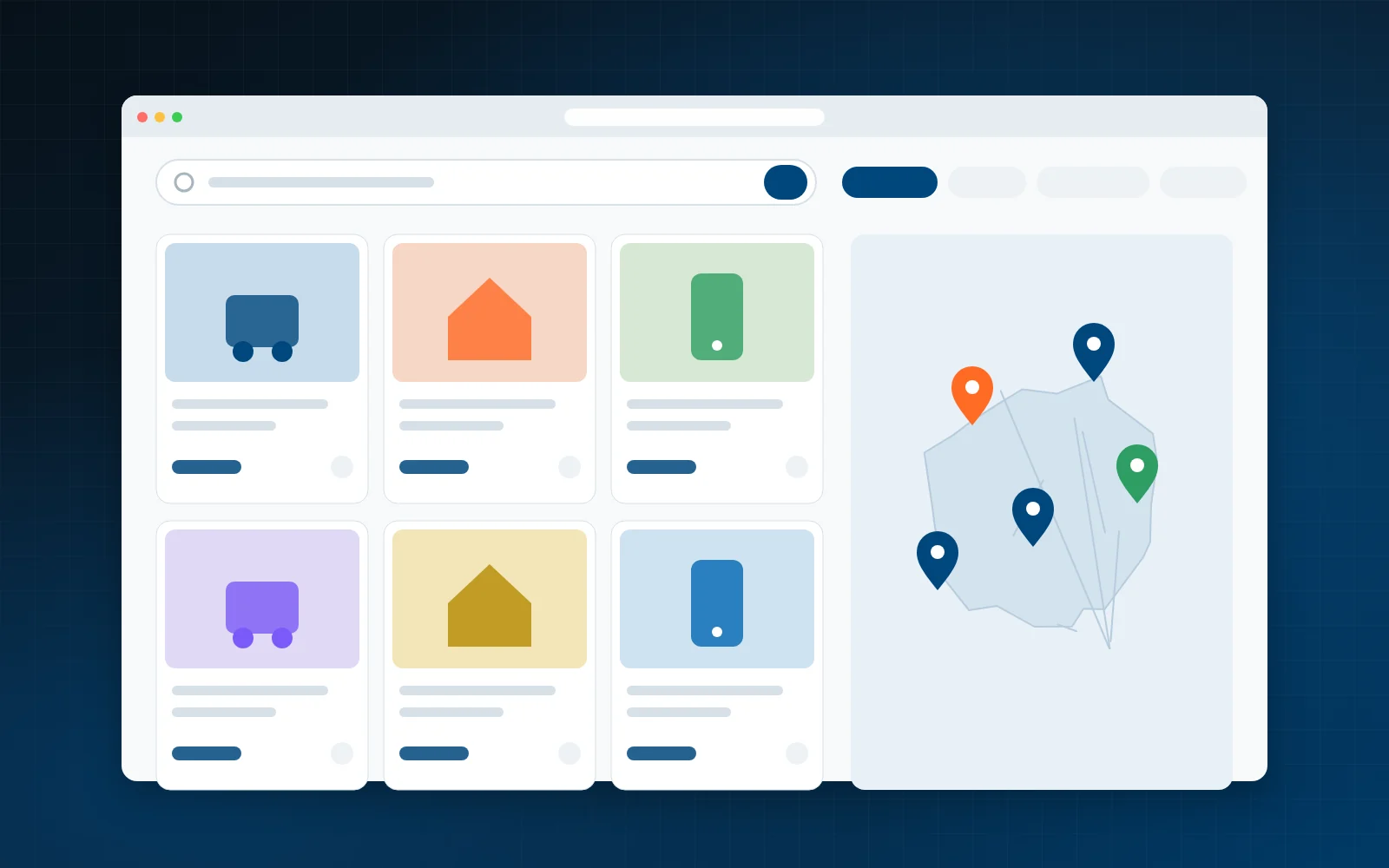 Piramida marketplace listing overview with filters and map view of Swiss cantons